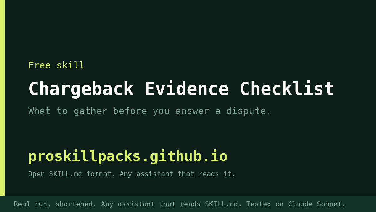 Animated demo of Chargeback Evidence Checklist on a real example: the input goes in and the finished result appears. The still shows the final result.