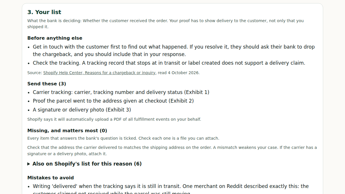Animated demo of the free chargeback evidence picker: pick the reason, tick what you have, and get the list of what to send and what is missing. The still shows the finished result.