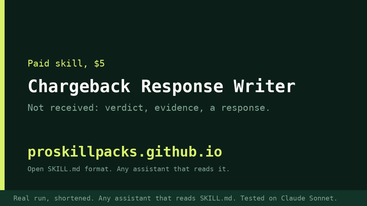Animated demo of Chargeback Response Kit for Shopify Payments, with notes for PayPal, Stripe and Klarna on a real example: the input goes in and the finished result appears. The still shows the final result.