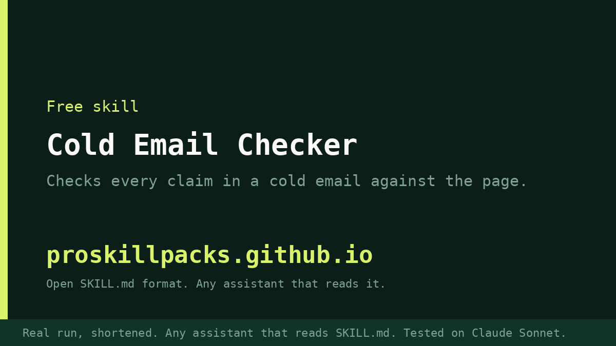 Animated demo of Cold Email Checker on a real example: the input goes in and the finished result appears. The still shows the final result.