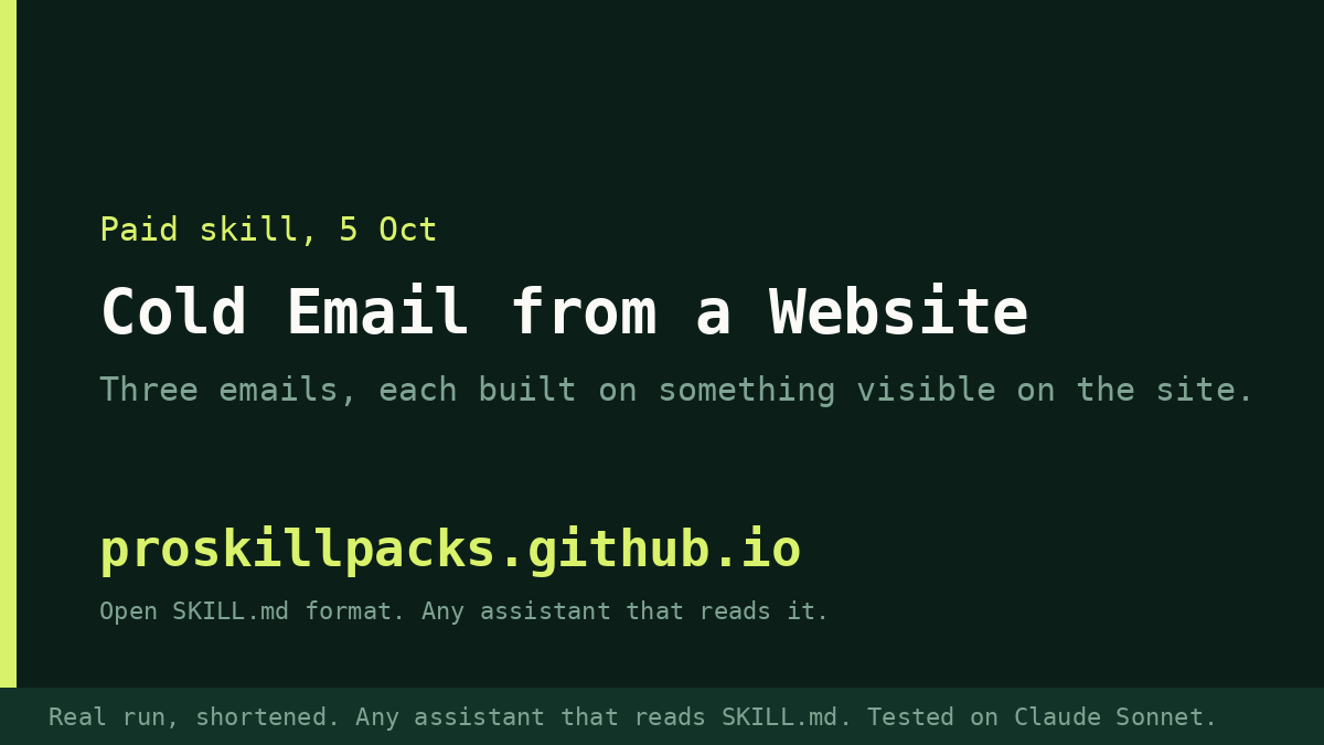 Animated demo of Cold Email from a Website on a real example: the input goes in and the finished result appears. The still shows the final result.