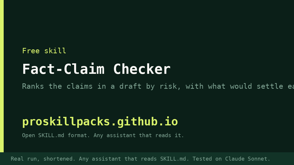 Animated demo of Fact-Claim Checker on a real example: the input goes in and the finished result appears. The still shows the final result.