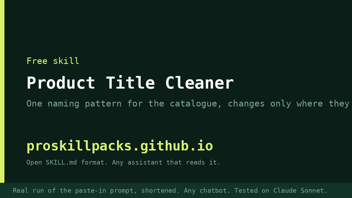 Animated demo of Product Title Cleaner on a real example: the input goes in and the finished result appears. The still shows the final result.