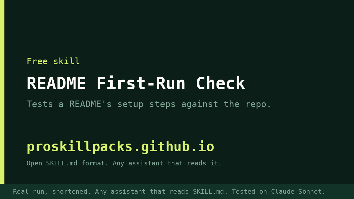Animated demo of README First-Run Check on a real example: the input goes in and the finished result appears. The still shows the final result.