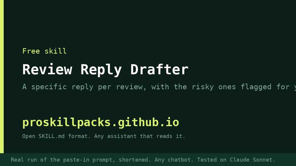 Animated demo of Review Reply Drafter on a real example: the input goes in and the finished result appears. The still shows the final result.