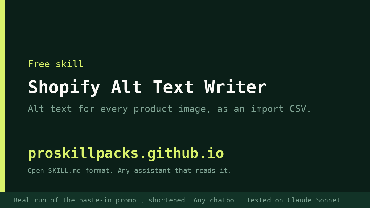 Animated demo of Alt Text Writer on a real example: the input goes in and the finished result appears. The still shows the final result.
