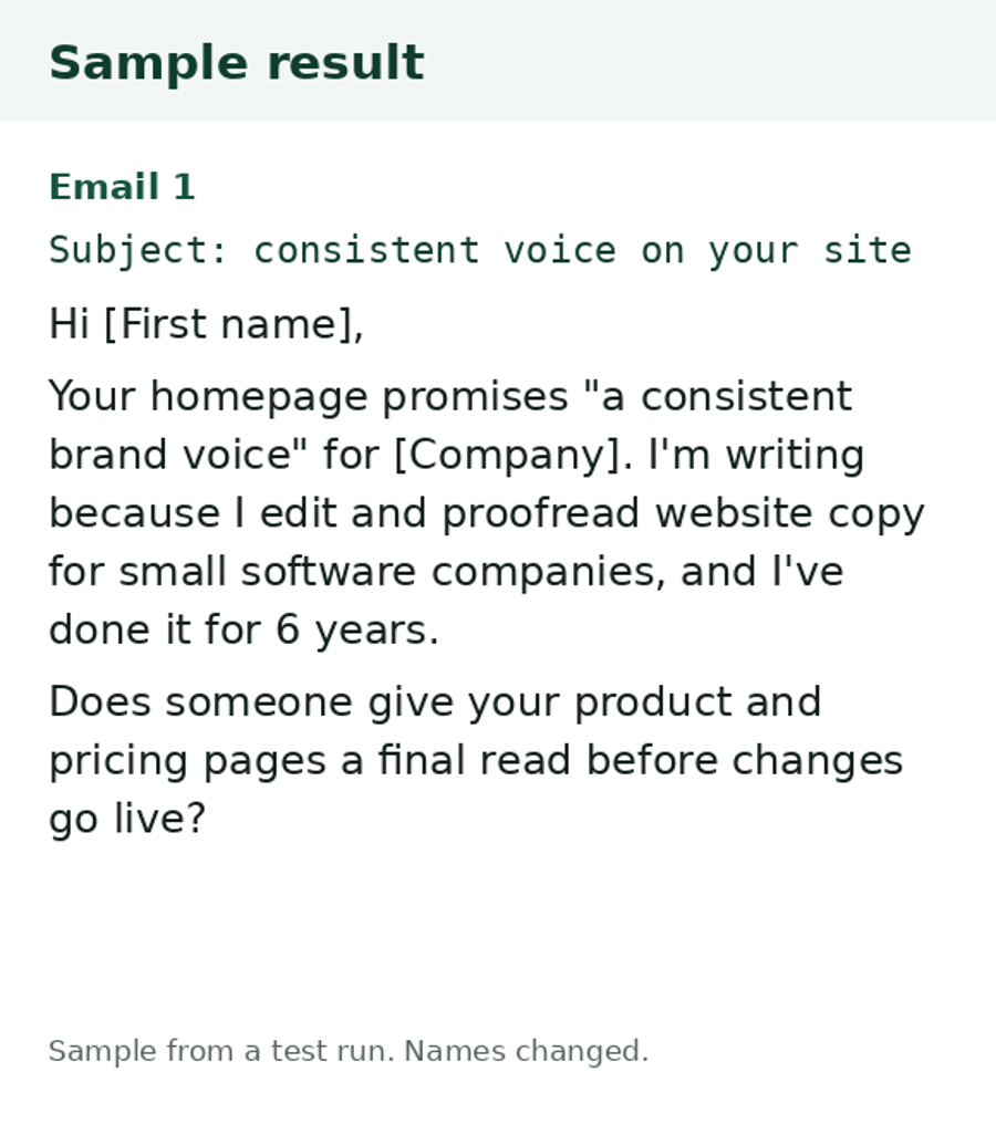 A real page from Cold Email from a Website: the first page of the file you get