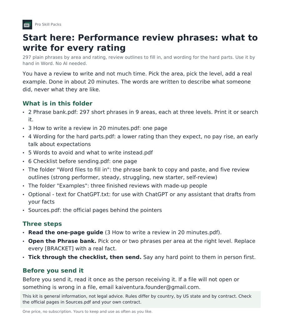 The start page of the kit: Performance review phrases