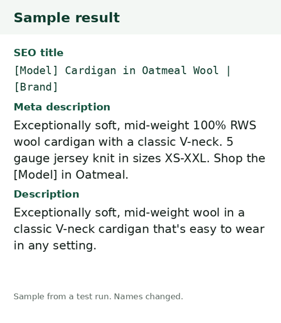 Sample result from Product Description Rewriter: the first page of the file you get