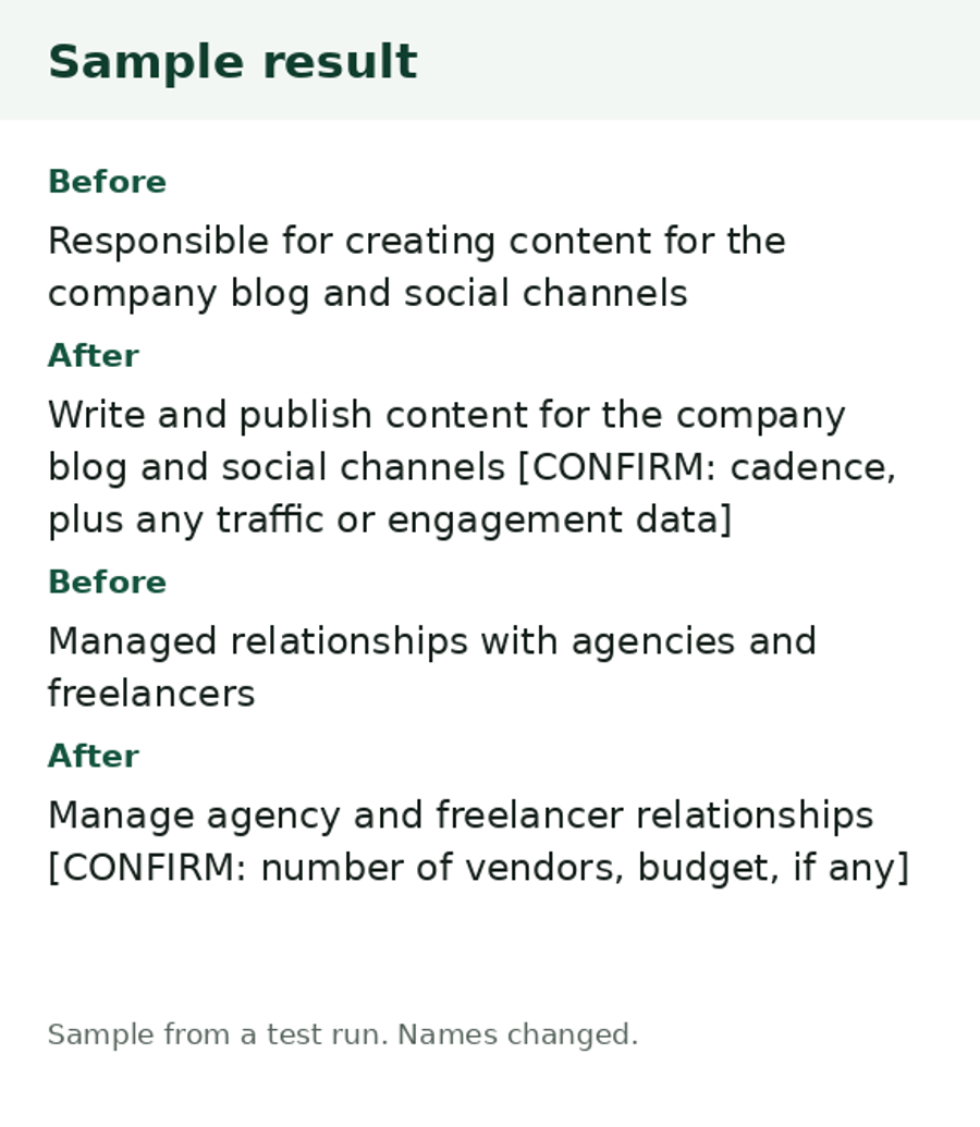A real page from Resume Bullet Rewriter: the first page of the file you get